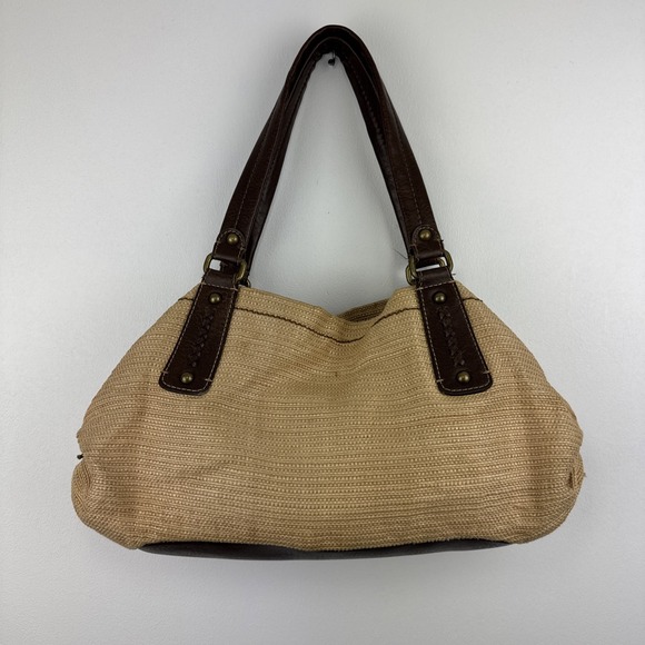 Fossil Beige Canvas Shoulder Bag with Brown Leather Handles - Picture 4 of 15